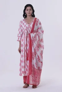 Set Of 3: White Cotton Kurta, Pant & Dupatta Set with Pink Motif image 1