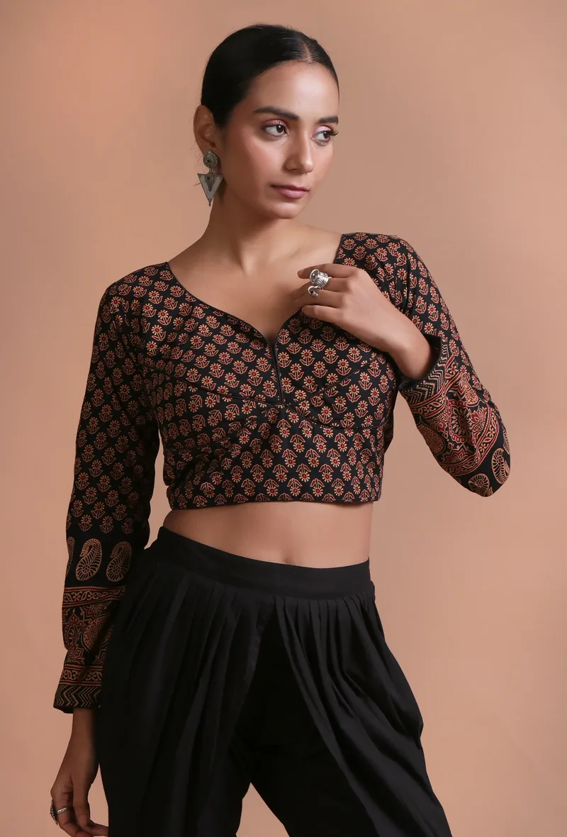 Black Cotton Ajrakh Printed Full Sleeve Blouse