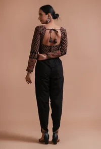 Black Cotton Ajrakh Printed Full Sleeve Blouse image 3