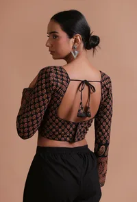 Black Cotton Ajrakh Printed Full Sleeve Blouse image 4