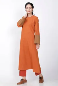 Color Blocked Rust Orange A-line kurta image 2