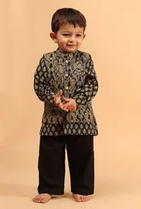 Set Of 3: Moksh Black Cotton Kurta, Pyjama & Ajrakh Print Jacket image 1