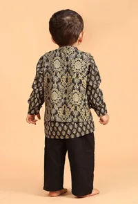 Set Of 3: Moksh Black Cotton Kurta, Pyjama & Ajrakh Print Jacket image 2