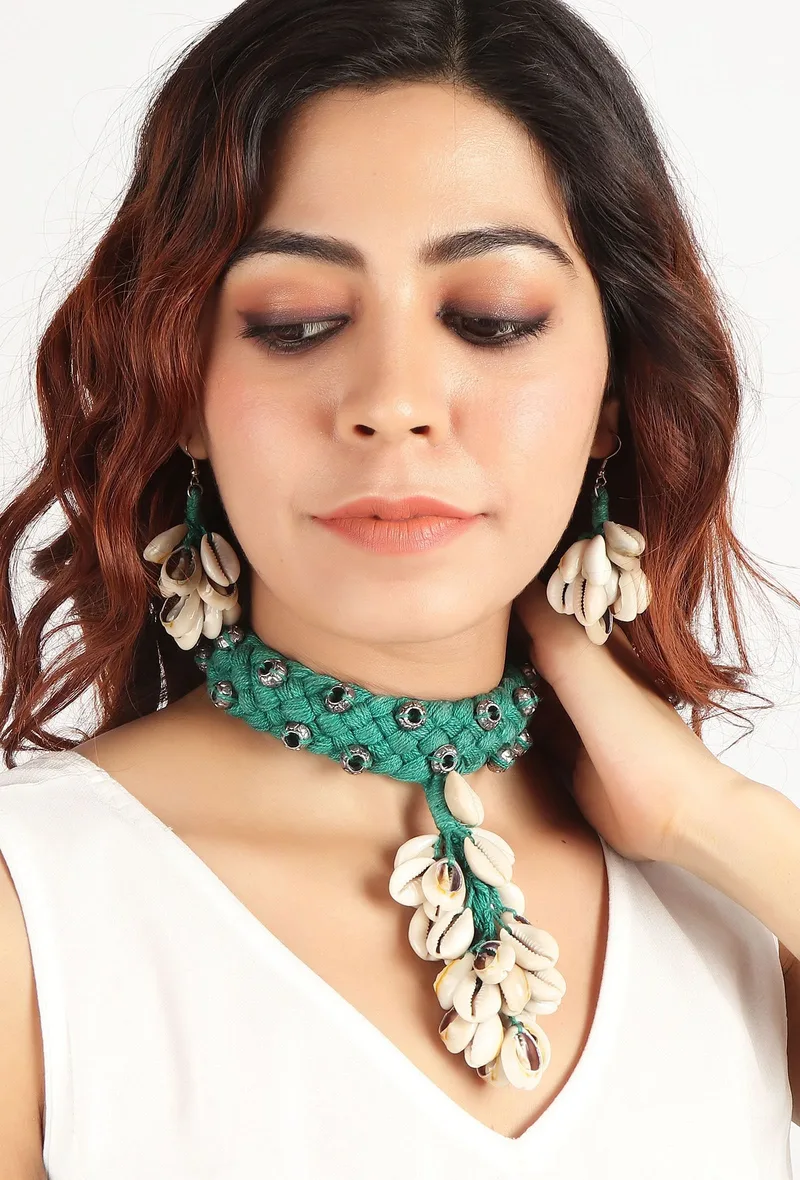 Green Thread & German Silver Tribal Seashell Choker & Earrings Set