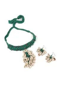 Green Thread & German Silver Tribal Seashell Choker & Earrings Set image 2