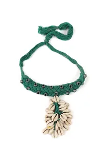 Green Thread & German Silver Tribal Seashell Choker & Earrings Set image 3