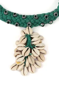 Green Thread & German Silver Tribal Seashell Choker & Earrings Set image 5