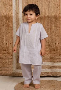 Set Of 2: Light Grey Mul Mul Kurta With Light Grey Pant image 1