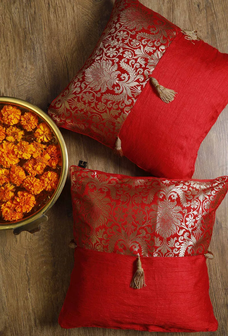 Set Of 2:Red Tassel Brocade Cushion Covers