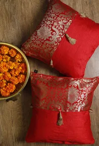 Set Of 2:Red Tassel Brocade Cushion Covers image 1