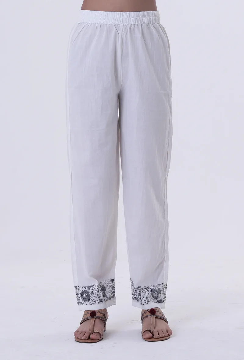 White Color Cotton Block Printed With Multicolor Motif Pant