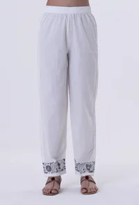 White Color Cotton Block Printed With Multicolor Motif Pant image 1