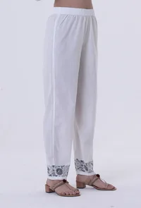 White Color Cotton Block Printed With Multicolor Motif Pant image 2