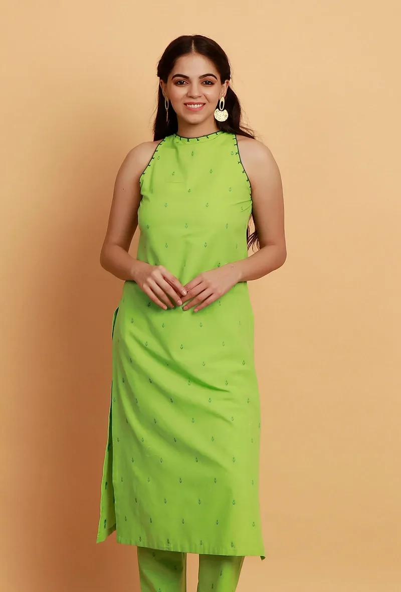 Mint Green Embroidery Halter Neck Straight Woven Kurta