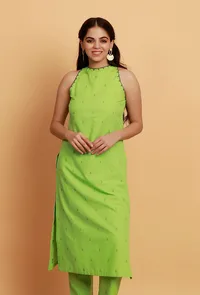Mint Green Embroidery Halter Neck Straight Woven Kurta image 1