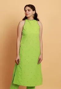 Mint Green Embroidery Halter Neck Straight Woven Kurta image 2