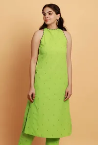 Mint Green Embroidery Halter Neck Straight Woven Kurta image 3