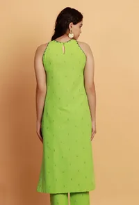 Mint Green Embroidery Halter Neck Straight Woven Kurta image 4