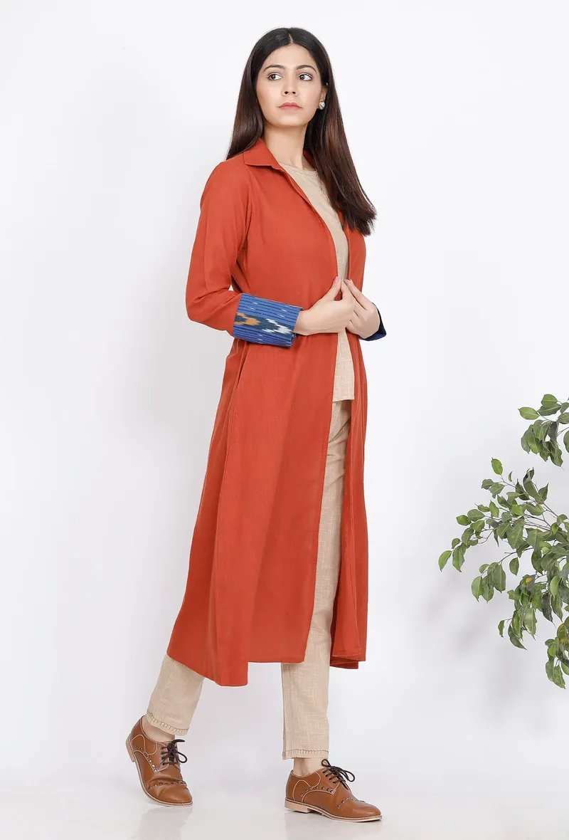 Rust A-Line Ikkat Cape with Sleeves