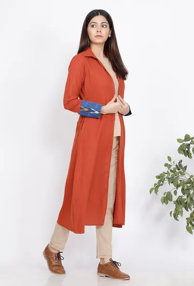 Rust A-Line Ikkat Cape with Sleeves