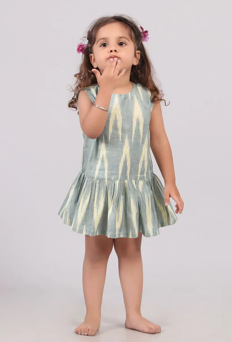 Green and Yellow Ikat Flared Dress