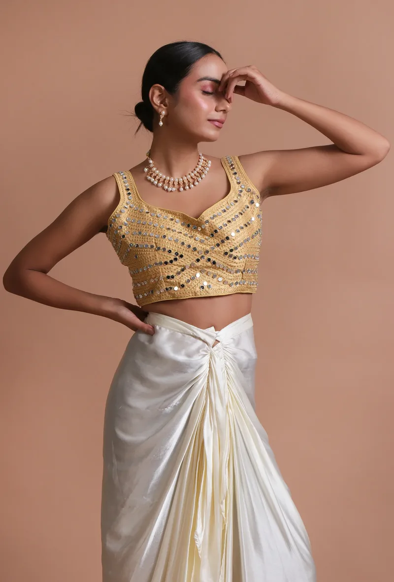 Golden Color Raw Silk Mirror Work Blouse