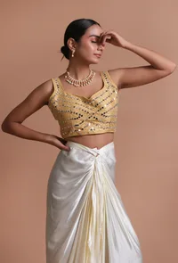 Golden Color Raw Silk Mirror Work Blouse image 1