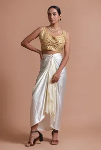 Golden Color Raw Silk Mirror Work Blouse image 2