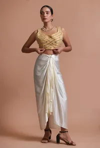 Golden Color Raw Silk Mirror Work Blouse image 3