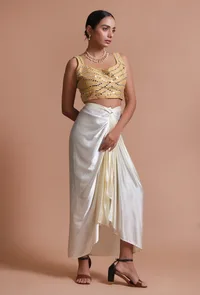 Golden Color Raw Silk Mirror Work Blouse image 5