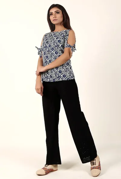 White And Deep Blue Cold Shoulder Bagru Pure Cotton Top