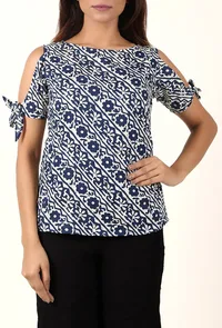 White And Deep Blue Cold Shoulder Bagru Pure Cotton Top image 2