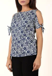 White And Deep Blue Cold Shoulder Bagru Pure Cotton Top image 3