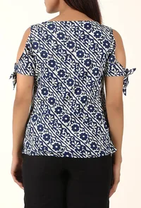 White And Deep Blue Cold Shoulder Bagru Pure Cotton Top image 4