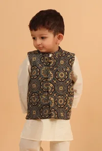 Rizwi Black Ajrakh Print Cotton Nehru Jacket image 1
