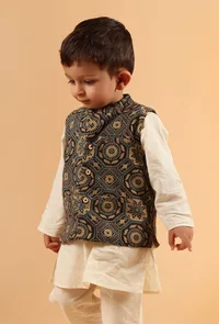 Rizwi Black Ajrakh Print Cotton Nehru Jacket image 2