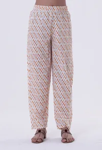 White & Multicolor Cotton Block Printed Pant image 1
