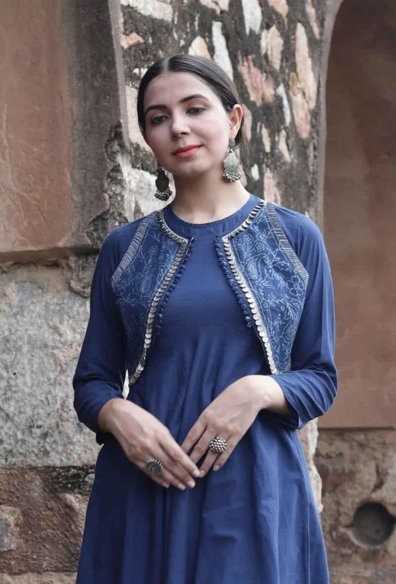 Geeti Indigo Cotton Hand Block Printed Farzi Short Jacket