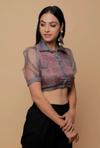 Set of 2 - Grey Organza Silk Shirt Collar Puffed Sleeve Blouse With Maroon Mashru Ajrakh Spagette Strap image 4