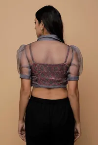 Set of 2 - Grey Organza Silk Shirt Collar Puffed Sleeve Blouse With Maroon Mashru Ajrakh Spagette Strap image 5