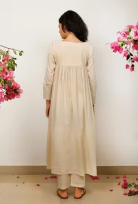 Beige Gathered Cotton Kurta image 3