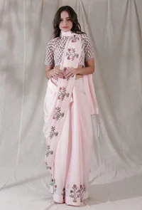 Lemonade pink color kota cotton florals blockprinted saree image 1