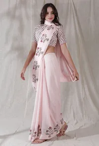 Lemonade pink color kota cotton florals blockprinted saree image 2