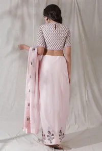 Lemonade pink color kota cotton florals blockprinted saree image 4