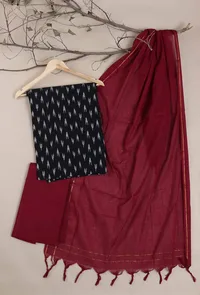 Set of 3: Black Ikat Cotton Suit with Bottoms and Dupatta image 1