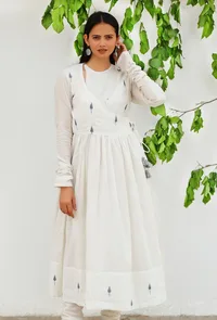White Jamdani Mulmul Cotton angrakha flared Kurta Dress image 1