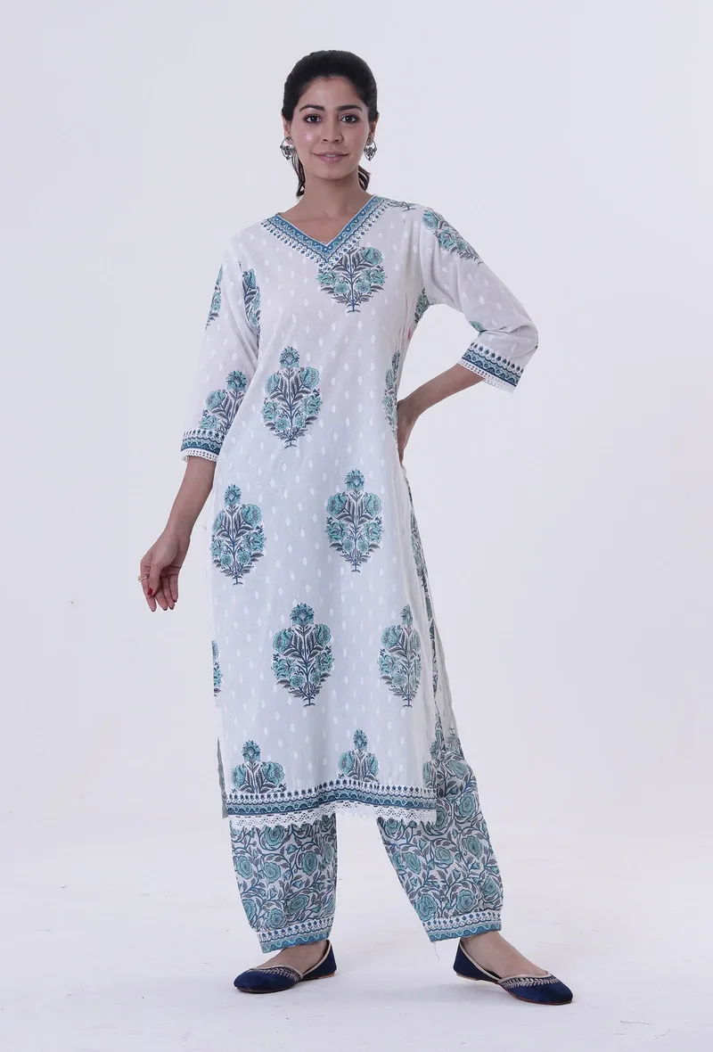 Set Of 2: White Cotton Kurta With Pant