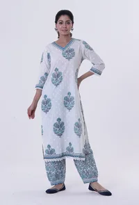 Set Of 2: White Cotton Kurta With Pant image 1