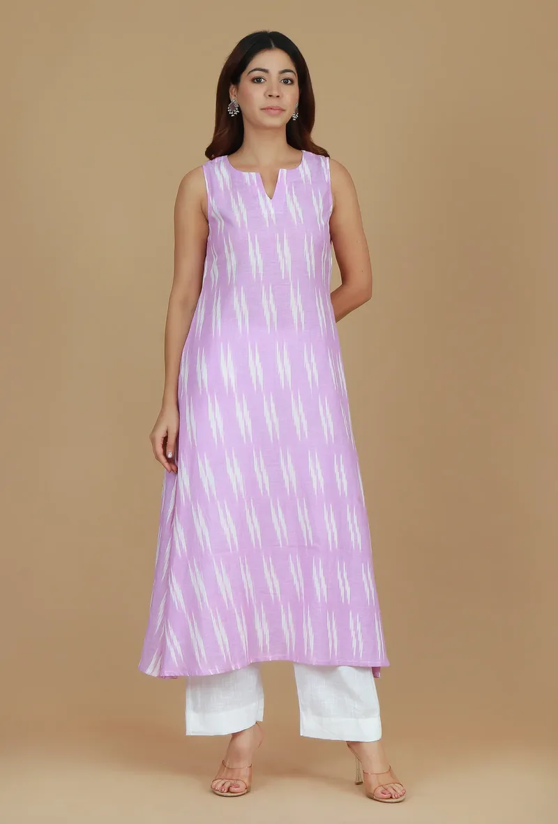 Set of 2 Lavender Ikat Sleeveless Kurta with Solid White Pants