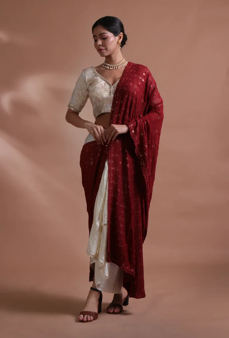 Brown Color Cotton Georgette Embroidered Dupatta